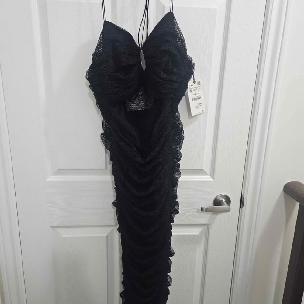 Black Mesh Tulle Ruched Bodycon Dress